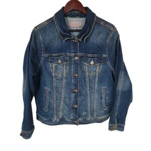 Torrid Denim Trucker Jacket Size 2 2X Dark Wash Stretch Feel The Fit Blue Jeans